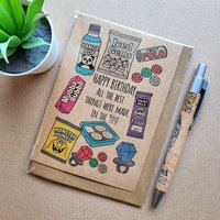 Funny nineties snacks birthday card.