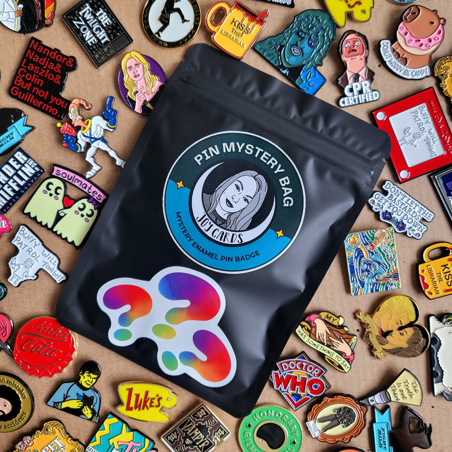 Enamel Pin badge mystery bag featuring 1 enamel pin badge. Enamel pin blind bag gift