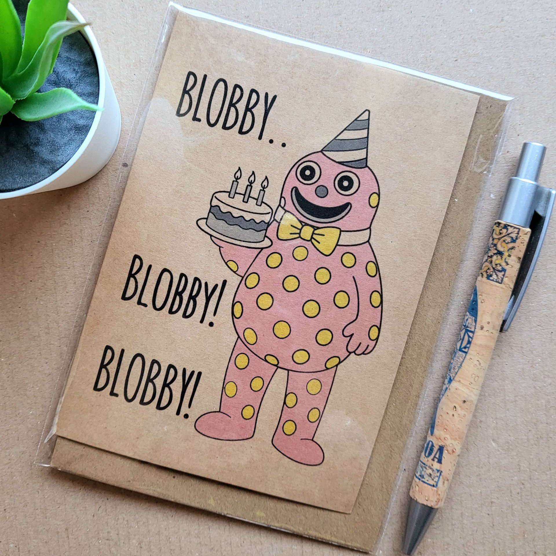 Funny Mr Blobby birthday card featuring Mr Blobby, text reads 'Blobby blobby blobby!'.