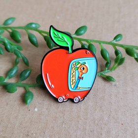 Richard Scarry enamel pin badge. Lowly worm in his red apple car enamel pin badge.