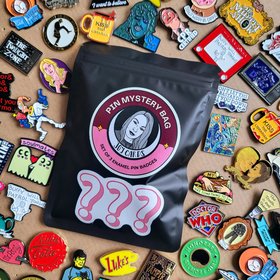 Enamel Pin badge mystery bag featuring 3 enamel pin badges. Enamel pin blind bag gift.